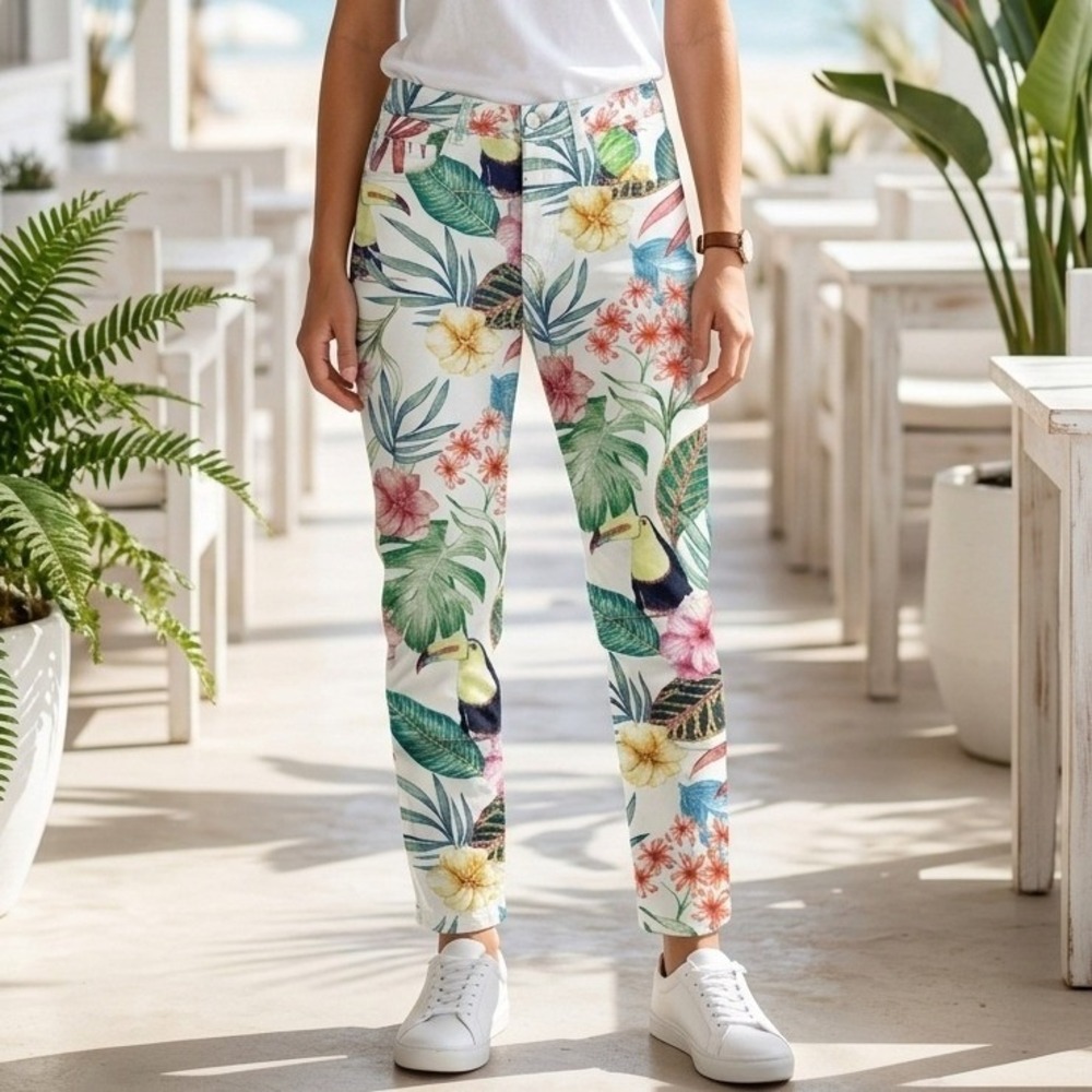 Zara TRF Jeans Womens 2 Toucan Print Tropical Parrot Multicolor Cotton Straight